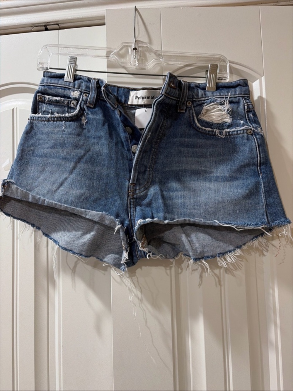 Reformation Medium Blue Distressed mid rise Denim Shorts